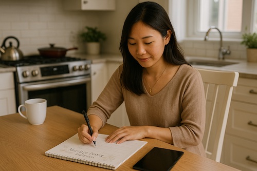 asian christian woman creating printable marriage prayer calendar home kitchen