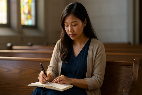 asian christian woman writing daily psalms reflections church pew