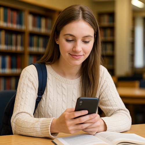 caucasian christian college woman reading devotional email campus library