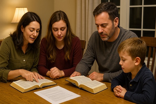 caucasian family sunday evening family worship guides dining table