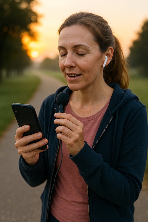 caucasian mom early morning walk and pray podcast recording airpods
