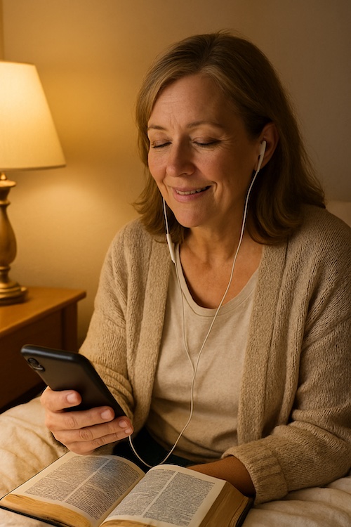 caucasian widow listening scripture meditation podcast night lamp