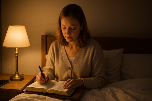 caucasian woman bedside lamp bedtime lectio divina journaling email