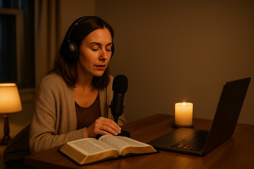 caucasian woman late evening scripture reading podcast grief support