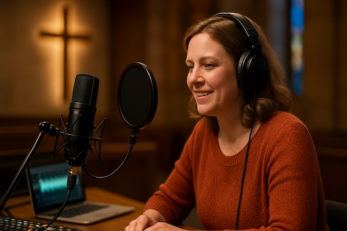 caucasian woman recording worship music resource podcast church sound booth