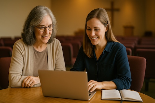 caucasian women leading online prayer chain on laptop church fellowship hall