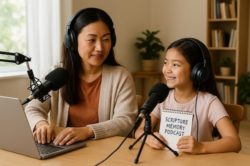 christian mom and daughter recording scripture memory podcast home