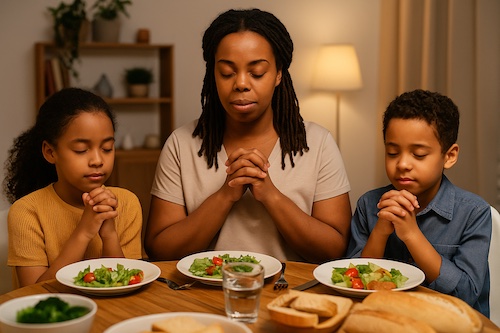 family table devotions mother children praying dinner