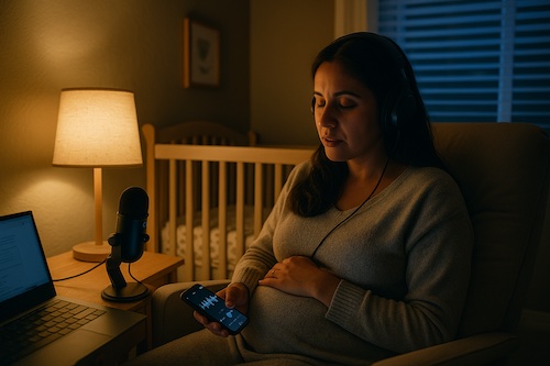 hispanic mom recording midnight newborn feeding prayer podcast nursery