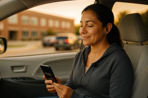 latina mom car line scripture audio texts phone earbuds