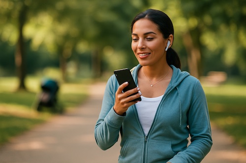 latina mom walking with earbuds recording walk and pray podcast park 1