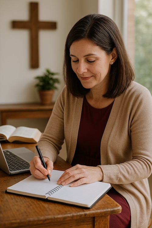 latina woman designing guided forgiveness journal coffee shop
