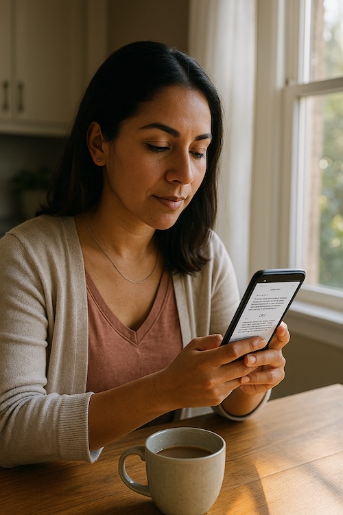 latina woman morning devotions phone kitchen window