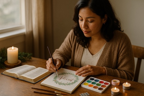 latina woman painting advent scripture art journal cozy desk