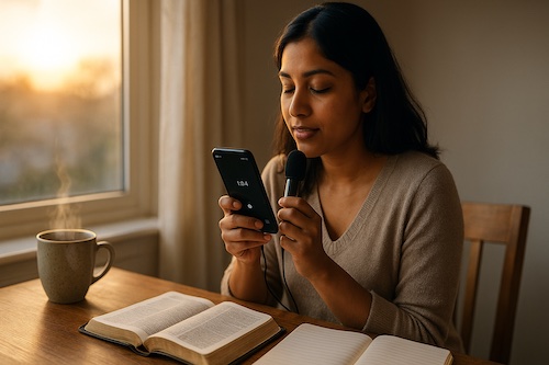 south asian woman recording whatsapp voice note devotion sunrise window