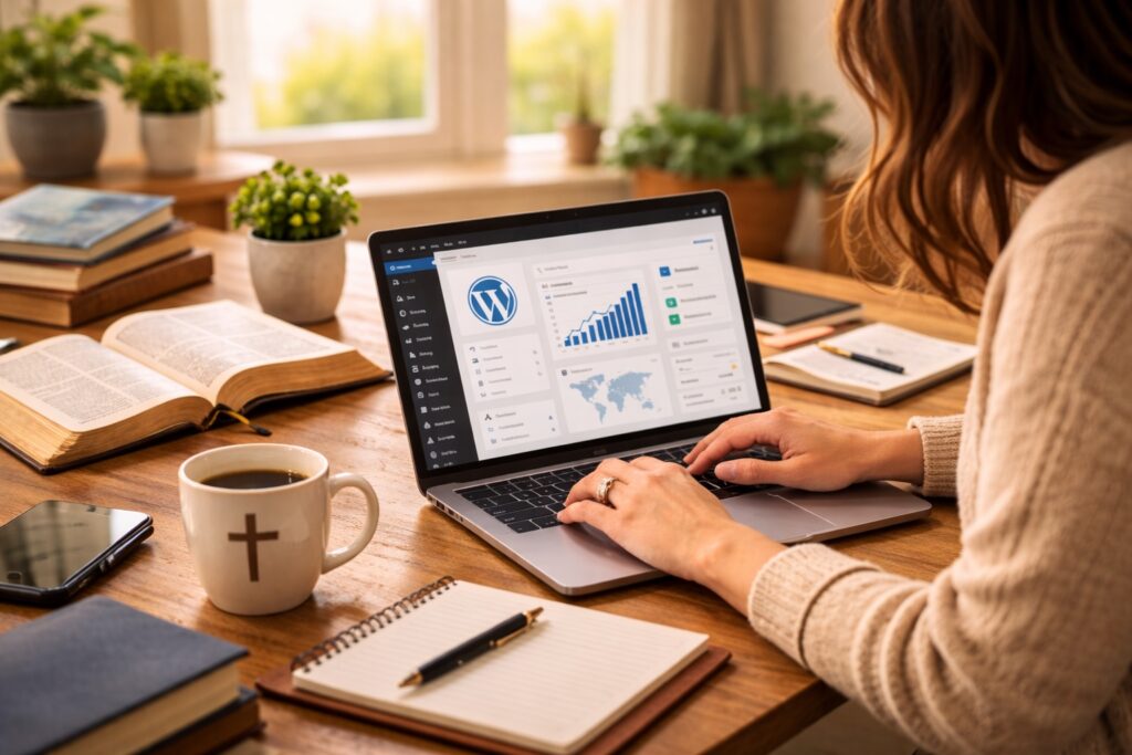 beginner hosting guide christian blogger laptop desk