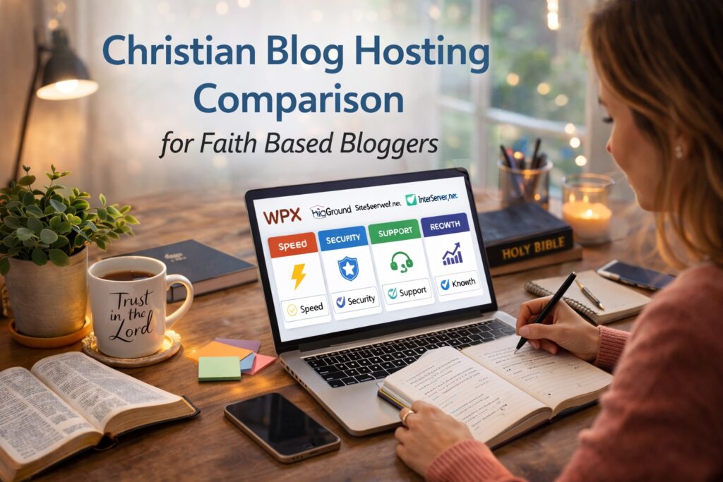 christian blog hosting comparison woman laptop notes