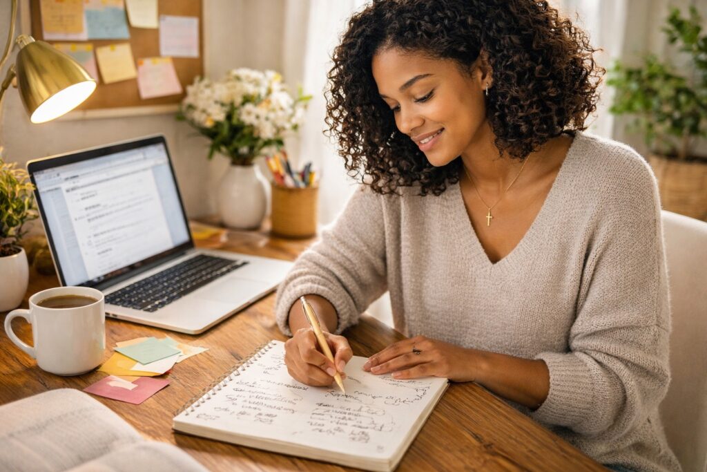 christian blog name ideas woman brainstorming blog name