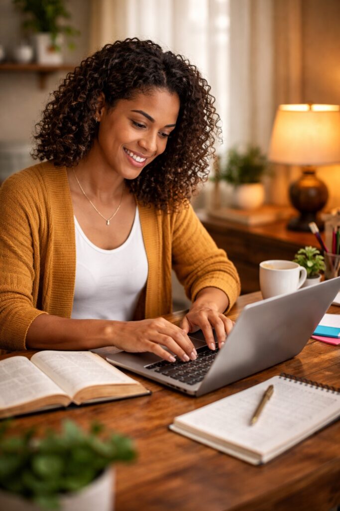 christian blog posting frequency woman working on laptop
