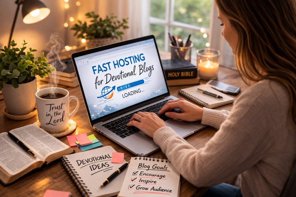 fast hosting devotional blogger writing laptop