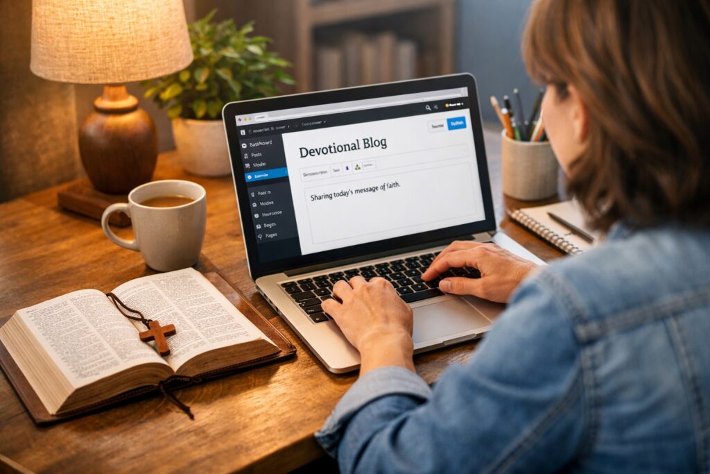 managed wordpress hosting christian blogger working laptop