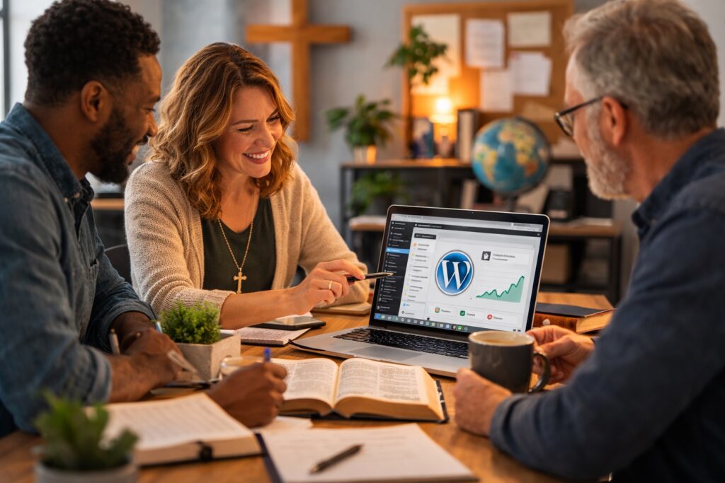 wordpress hosting christian nonprofit blog team laptop
