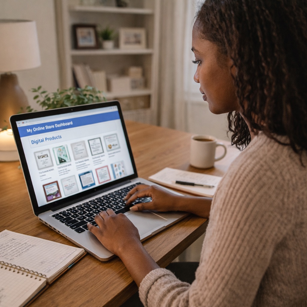 building online store faith based products black woman laptop home