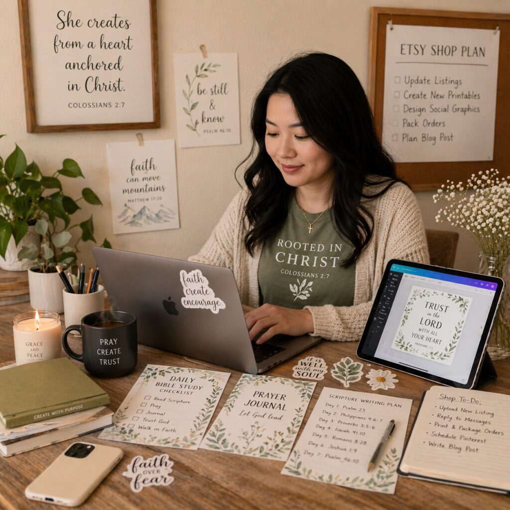 christian etsy shop ideas asian woman digital product workspace