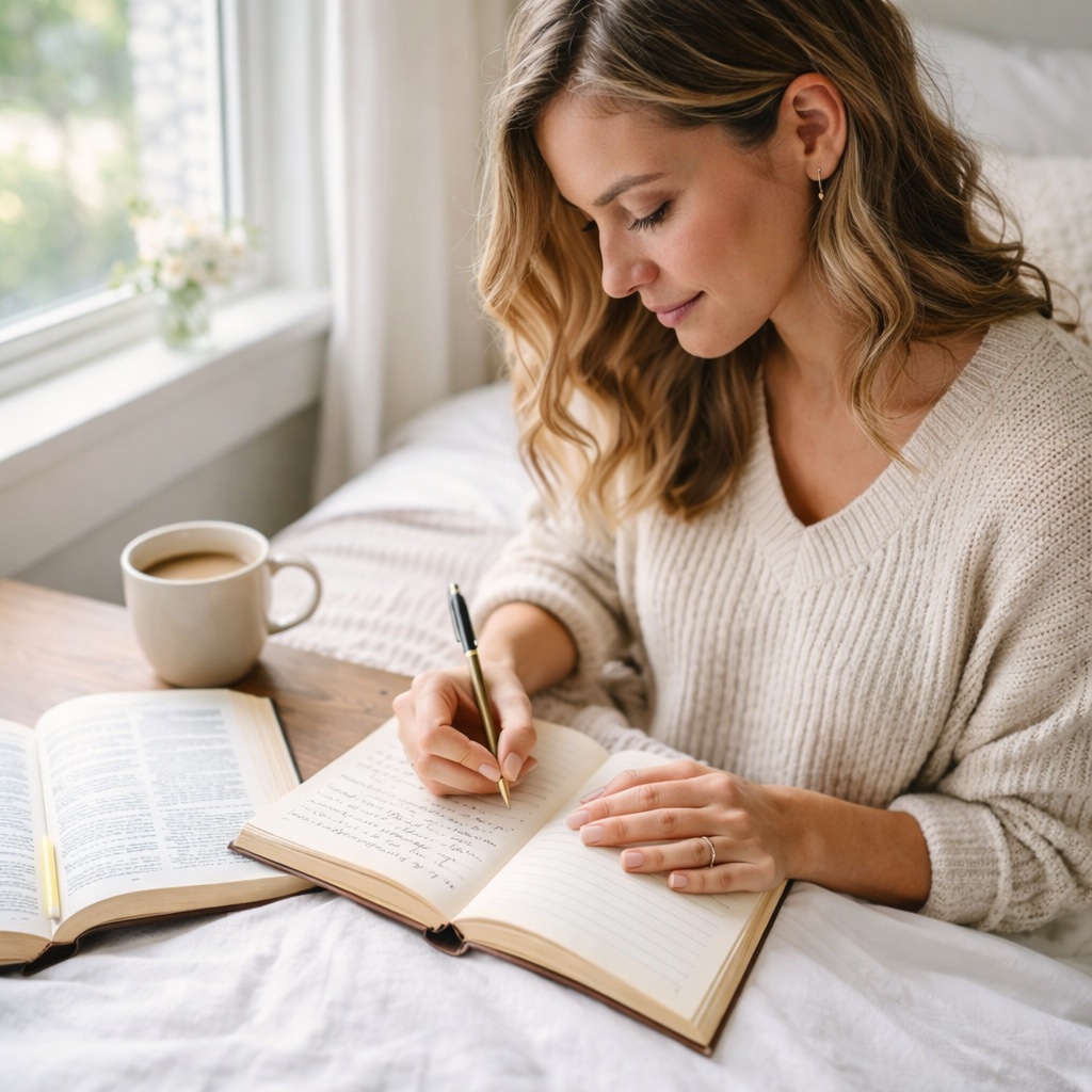 christian journaling products to sell woman journaling by window