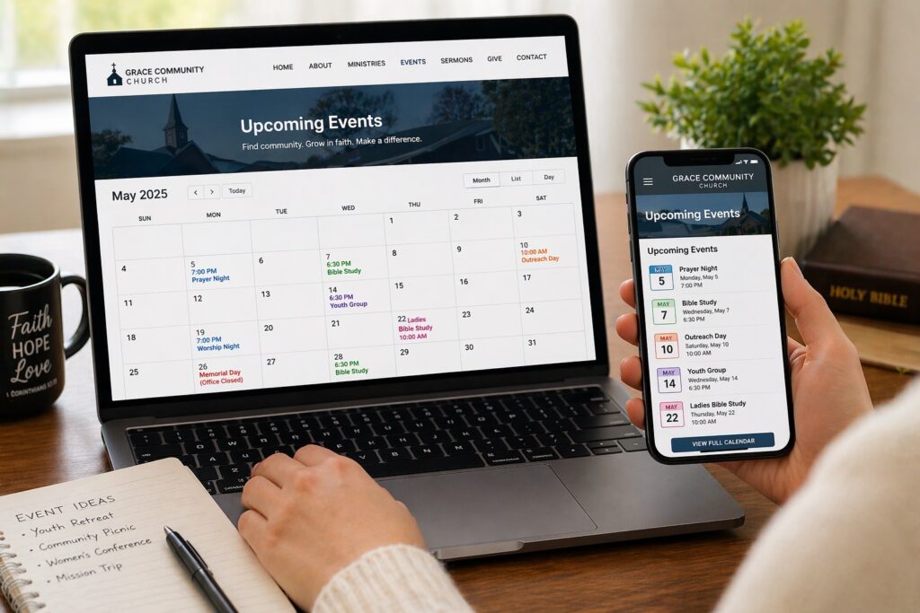 church event calendar website setup laptop mobile view