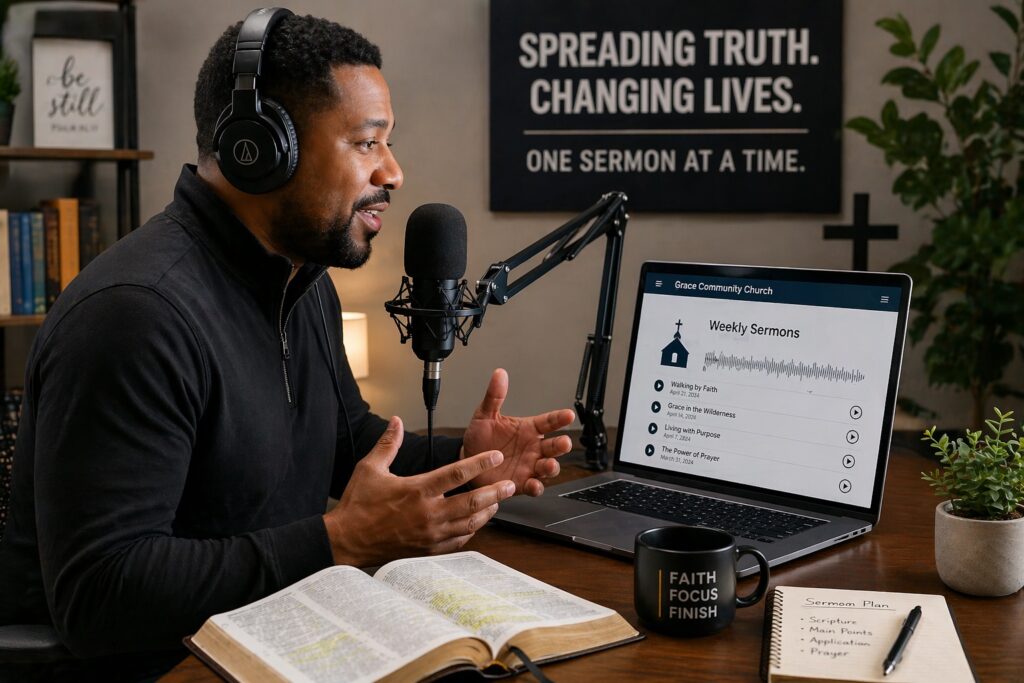 church sermon podcast hosting microphone laptop setup
