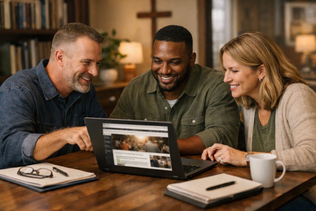 church website hosting beginners team working laptop