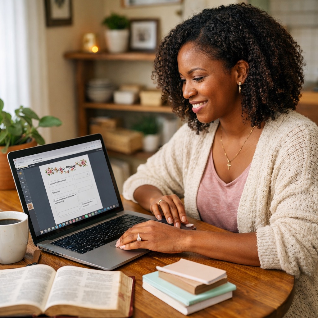 selling christian printables online african american woman home workspace