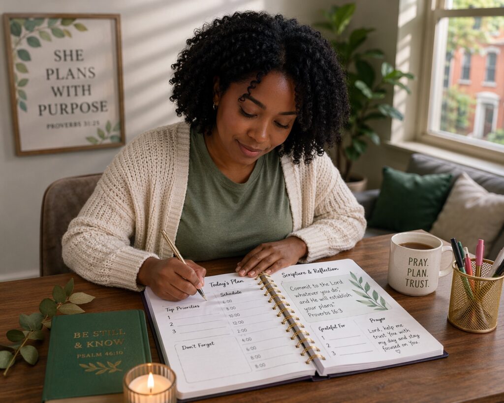 selling faith based planners african american woman planning home