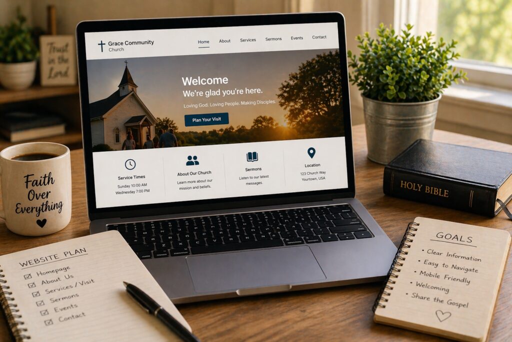 small church website setup guide simple laptop workspace