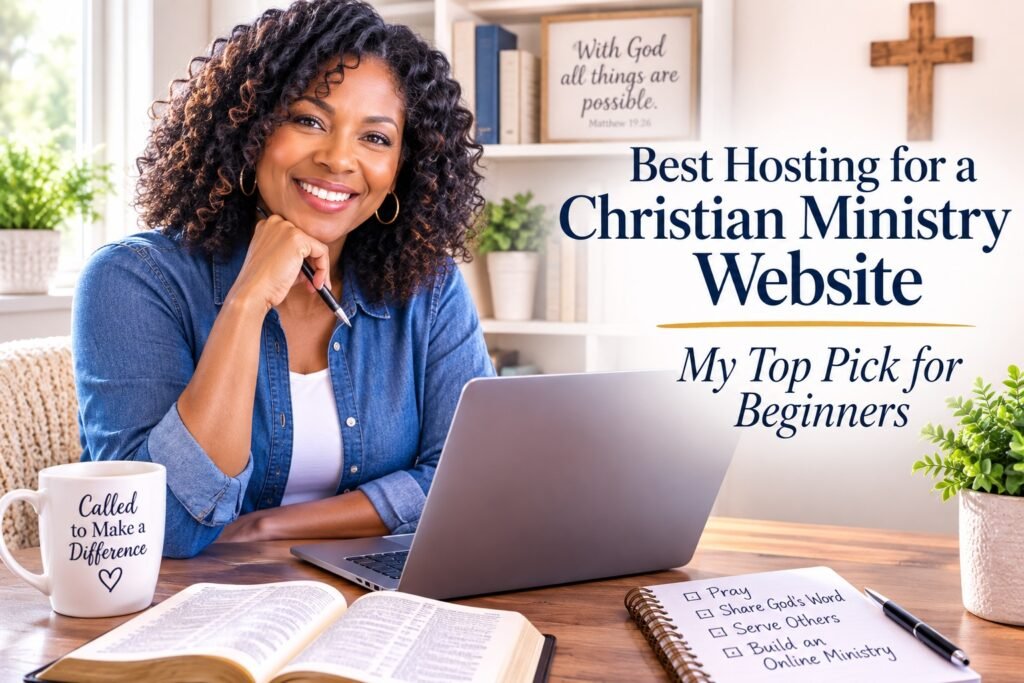 Christian woman choosing the best hosting for a Christian ministry website