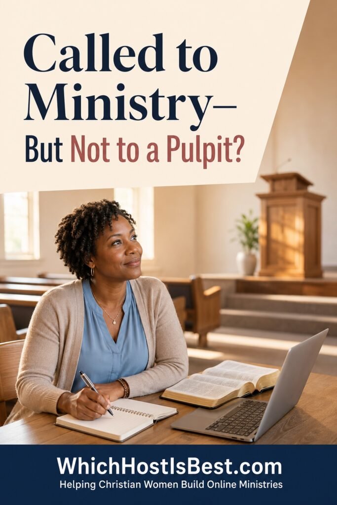 Christian woman writing beside an open Bible and laptop in a church while considering online ministry beyond the pulpit