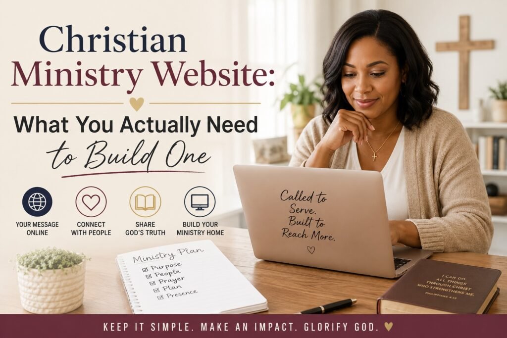 Christian woman building a Christian ministry website on her laptop