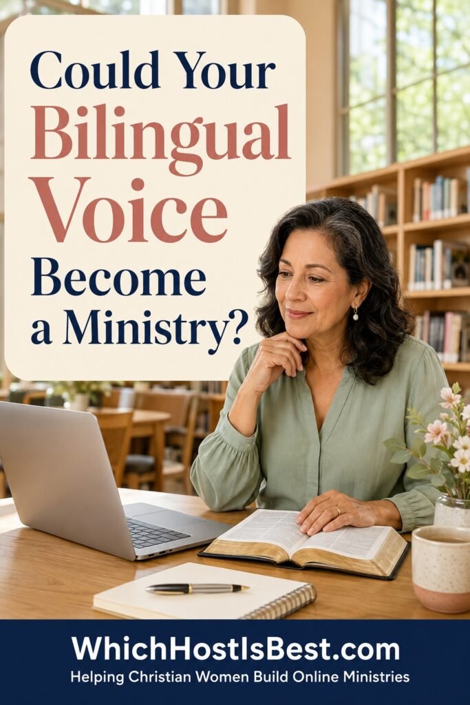 Bilingual Christian woman using a laptop and Bible while considering starting an online ministry for Spanish-speaking women