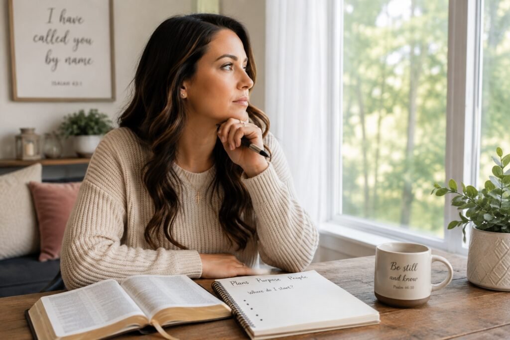 Christian woman with an open Bible and notebook reflecting on where to start when she feels called to ministry