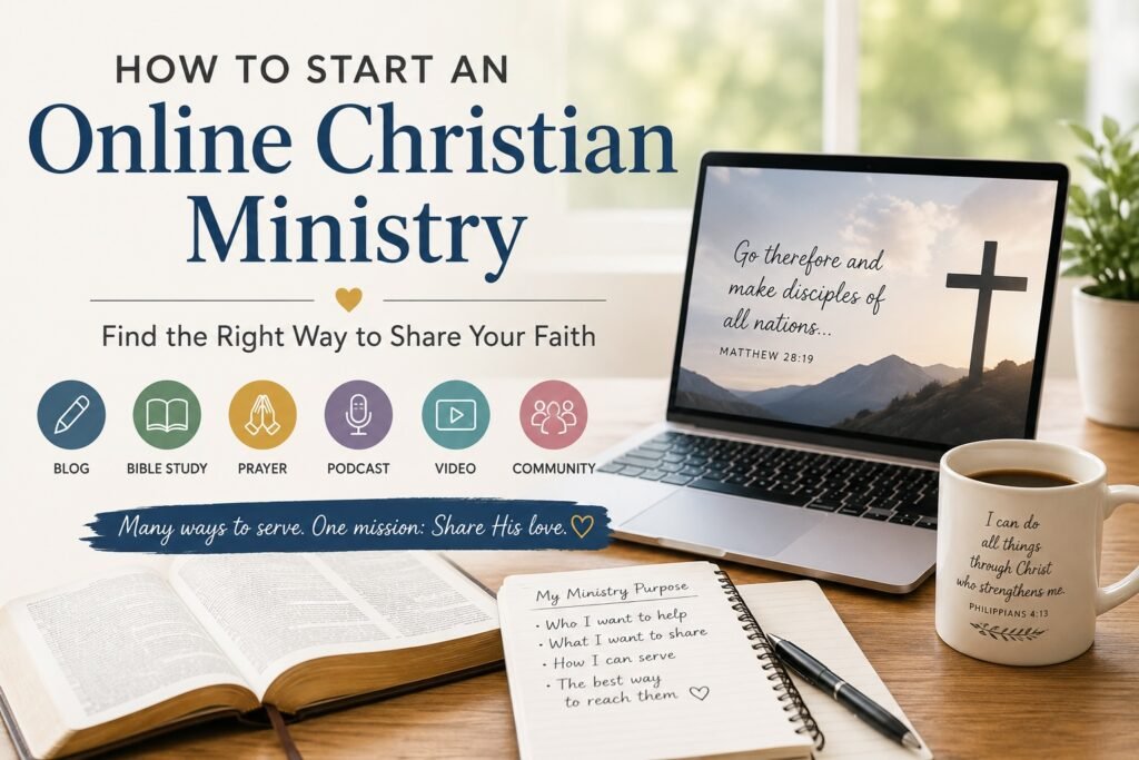 How to start an online Christian ministry with options for blogging, Bible study, prayer, podcasting, video, and community ministry